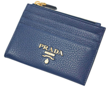 Prada Womens Vitello Grain Bluette Leather Gold Logo Zip Top Card Case 1MC026