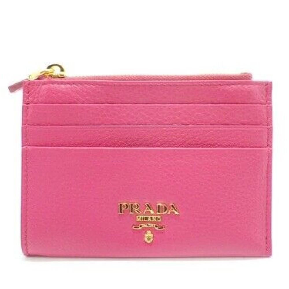 Prada Womens Vitello Grain Peonia Pink Leather Gold Logo Zip Top Card Case 1MC026
