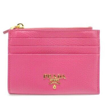 Prada Womens Vitello Grain Peonia Pink Leather Gold Logo Zip Top Card Case 1MC026