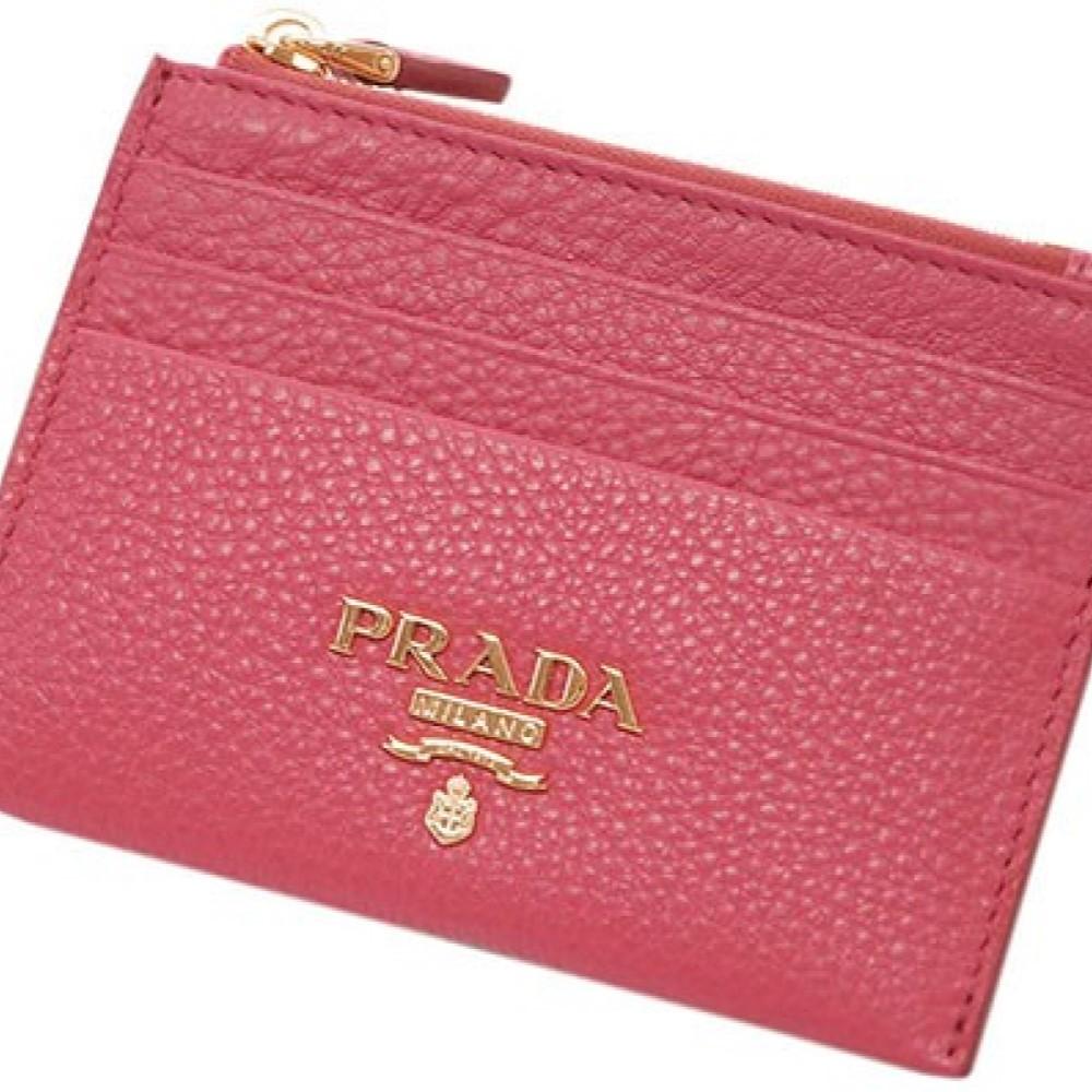 Prada Womens Vitello Grain Peonia Pink Leather Gold Logo Zip Top Card Case 1MC026