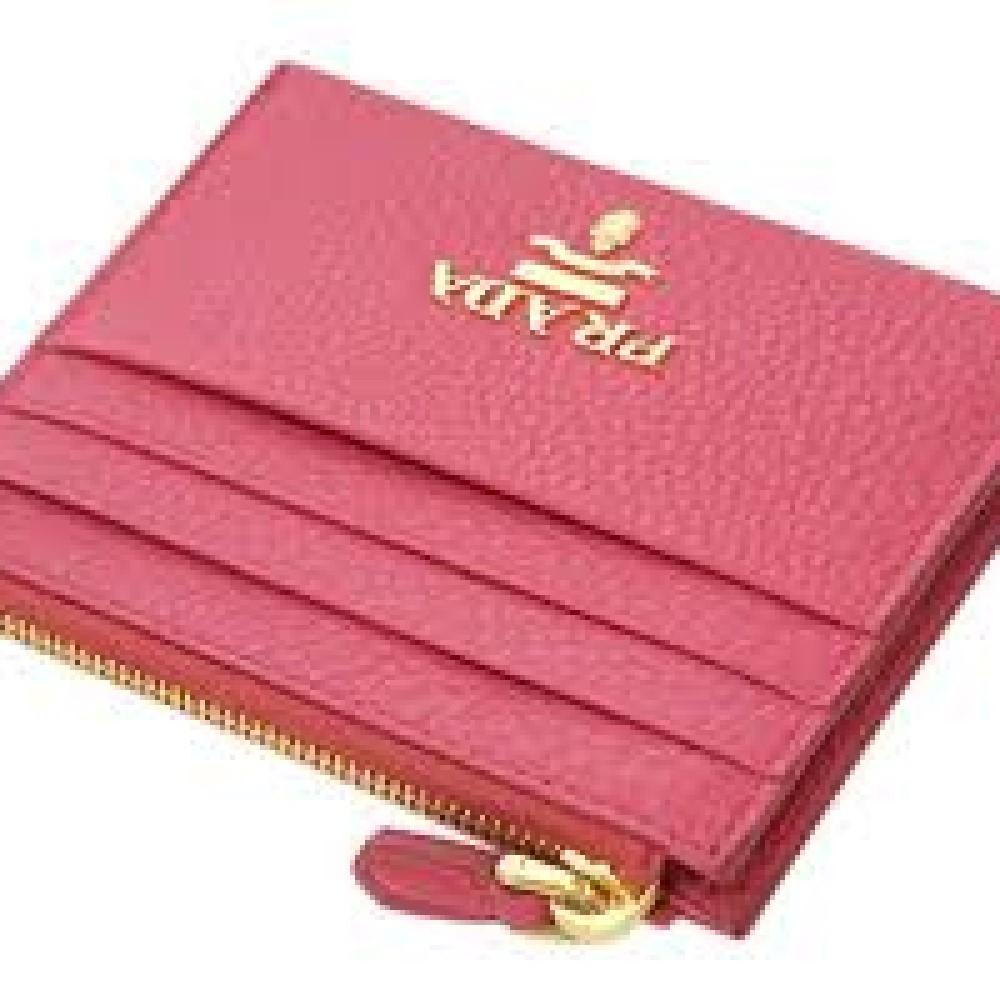 Prada Womens Vitello Grain Peonia Pink Leather Gold Logo Zip Top Card Case 1MC026