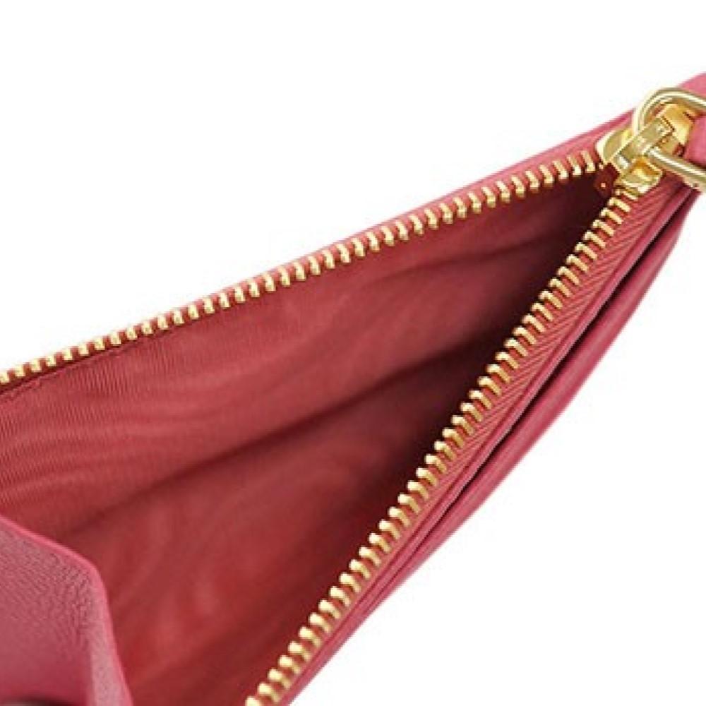 Prada Womens Vitello Grain Peonia Pink Leather Gold Logo Zip Top Card Case 1MC026