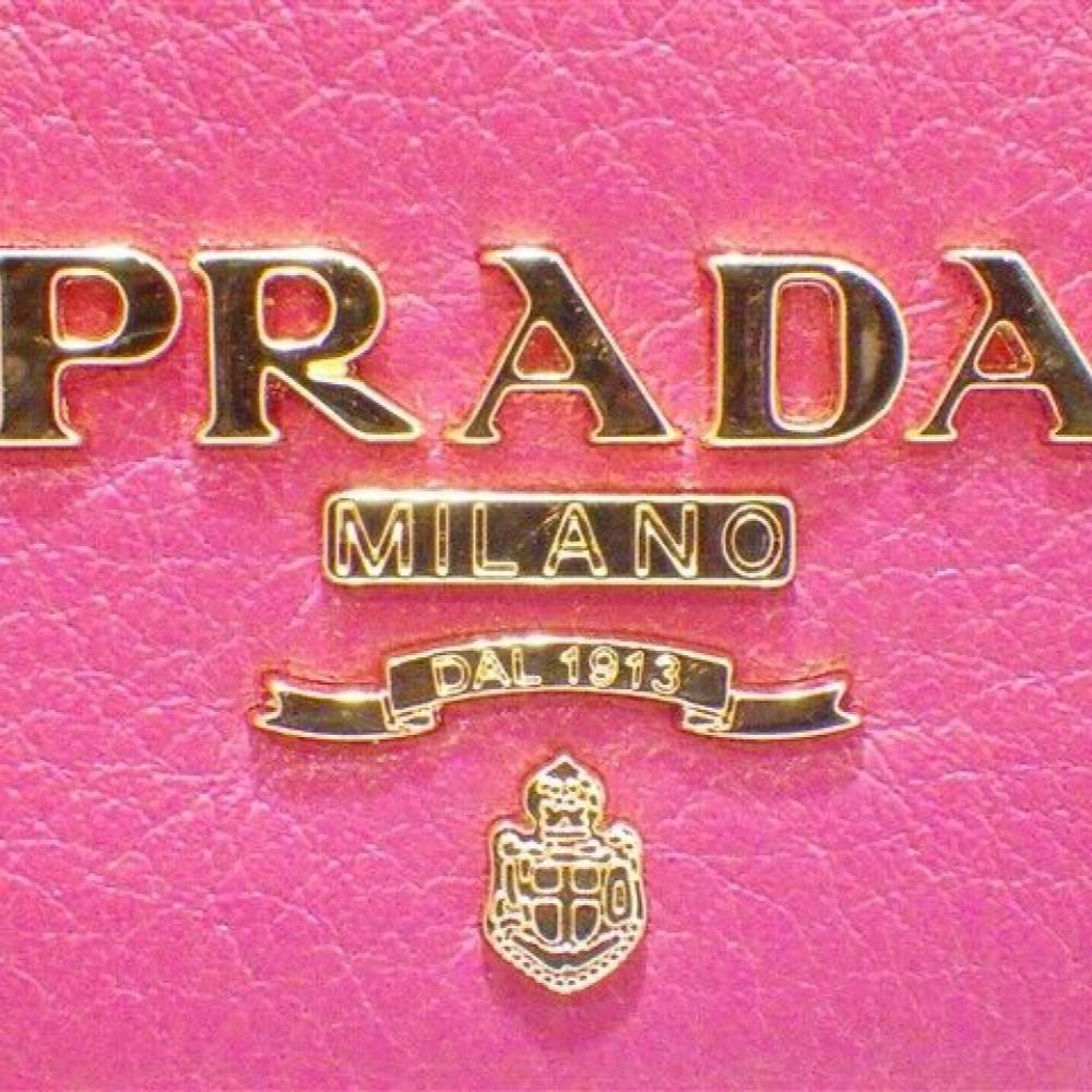 Prada Womens Vitello Grain Peonia Pink Leather Gold Logo Zip Top Card Case 1MC026