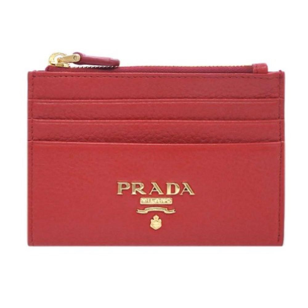 Prada Womens Vitello Grain Rosso Red Leather Gold Logo Zip Top Card Case 1MC026