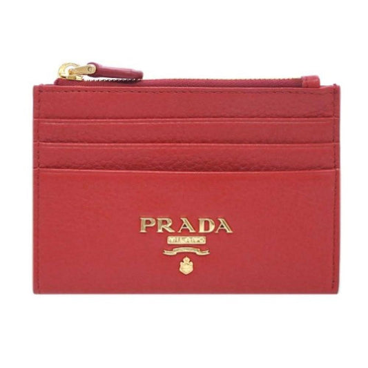 Prada Womens Vitello Grain Rosso Red Leather Gold Logo Zip Top Card Case 1MC026