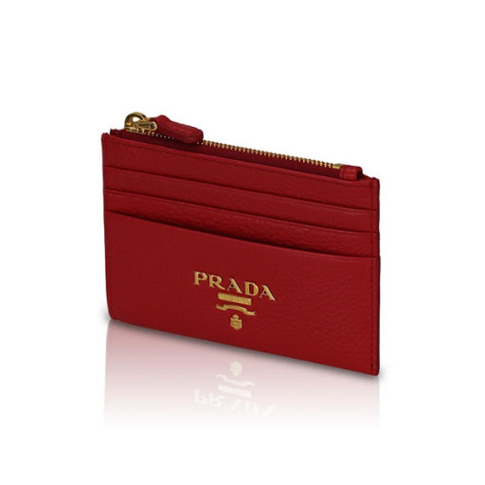 Prada Womens Vitello Grain Rosso Red Leather Gold Logo Zip Top Card Case 1MC026