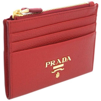 Prada Womens Vitello Grain Rosso Red Leather Gold Logo Zip Top Card Case 1MC026