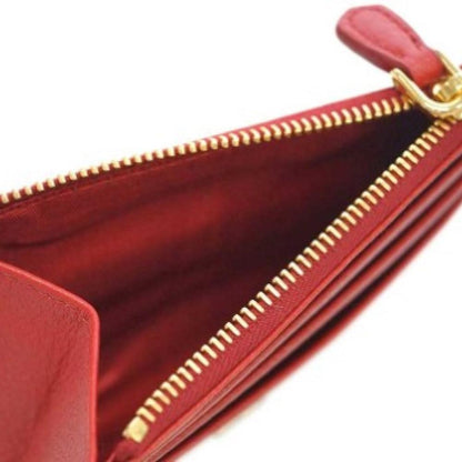 Prada Womens Vitello Grain Rosso Red Leather Gold Logo Zip Top Card Case 1MC026