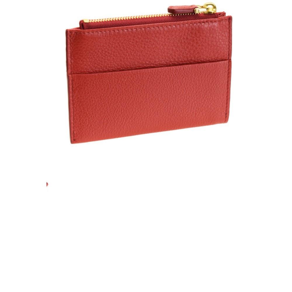 Prada Womens Vitello Grain Rosso Red Leather Gold Logo Zip Top Card Case 1MC026
