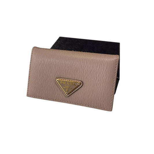 Prada Unisex Cipria Beige Vitello Leather Triangle Logo Card Holder Wallet