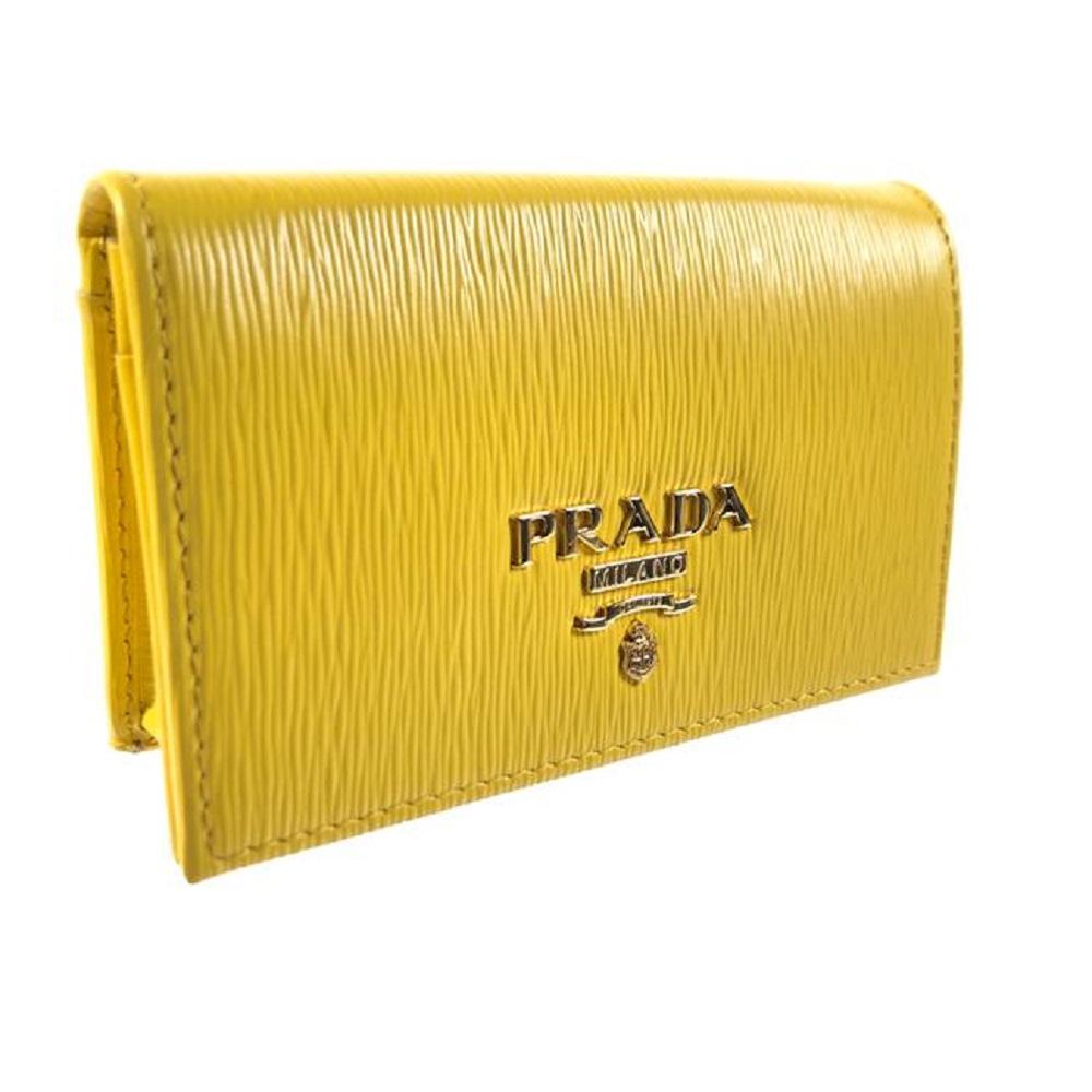 Prada Womens Vitello Move Sole Yellow Leather Card Case Wallet