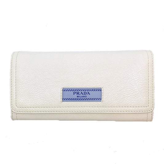Prada Womens White Glace Calf City Pebbled Leather ID Tag Long Snap Wallet