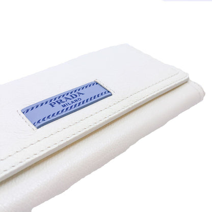 Prada Womens White Glace Calf City Pebbled Leather ID Tag Long Snap Wallet