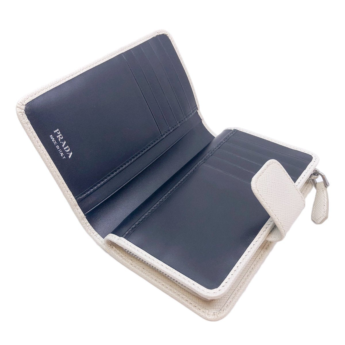 Prada Womens White Leather Zip Black Interior Saffiano Wallet 1ML225
