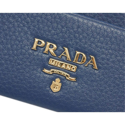 Prada Bluette Saffiano Leather Credit Card Holder with Zipper Gold Prada Logo