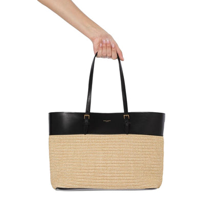 Saint Laurent Boucle Raffia Black Leather Tote 608962