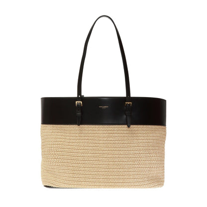 Saint Laurent Boucle Raffia Black Leather Tote 608962