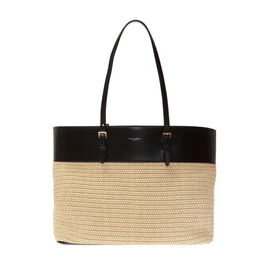 Saint Laurent Boucle Raffia Black Leather Tote 608962
