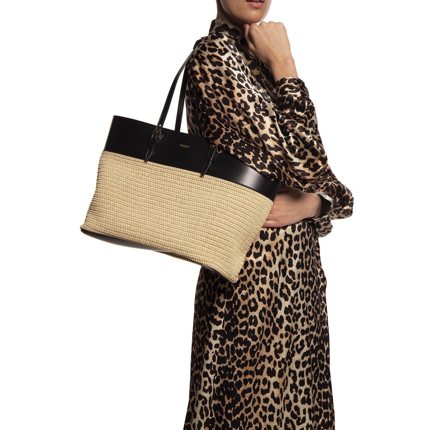 Saint Laurent Boucle Raffia Black Leather Tote 608962
