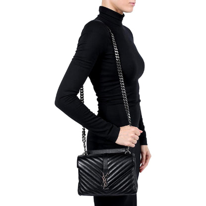 Saint Laurent Grain de Poudre Y Quilted Monogram Small Loulou Chain Satchel Black