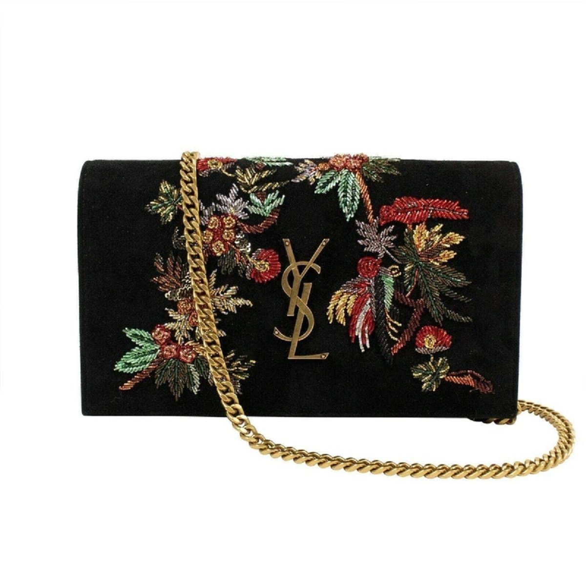 Saint Laurent Kate Black Suede Monogramme Embroidered Parrots 471286