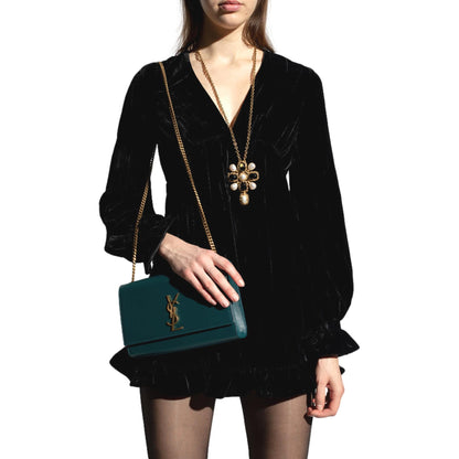 Saint Laurent Kate Teal Grain de Poudre Leather Medium Crossbody Clutch Bag