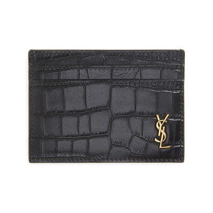 Saint Laurent Monogram Croc Embossed Leather Card Case Wallet