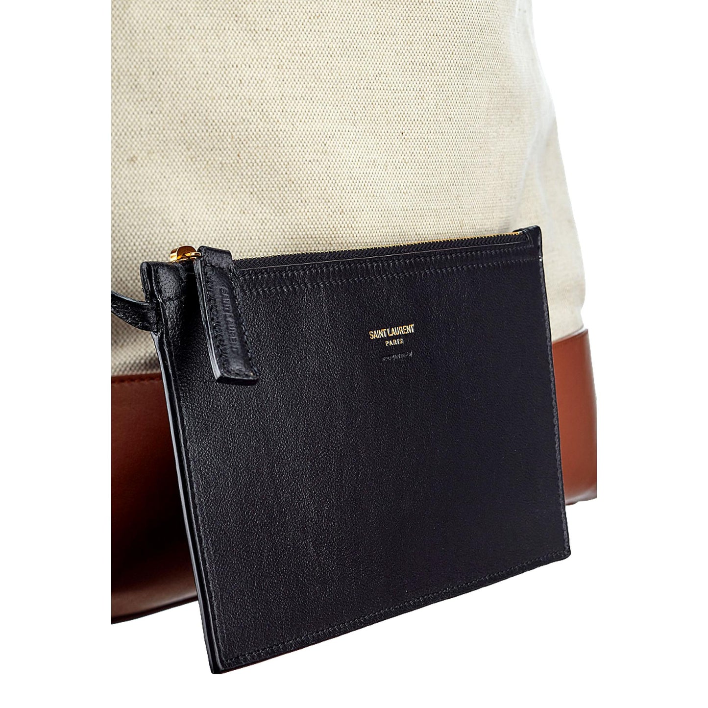 Saint Laurent Monogram Tag Canvas and Brown Leather Trim Hobo Bag