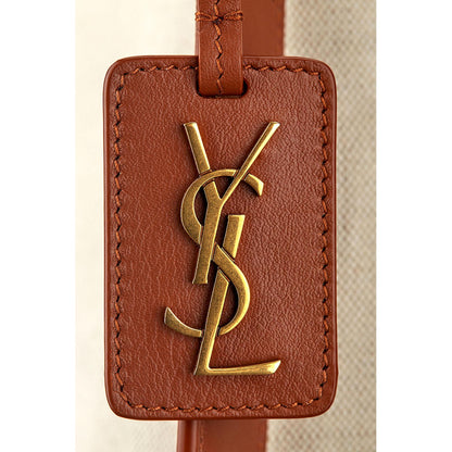 Saint Laurent Monogram Tag Canvas and Brown Leather Trim Hobo Bag