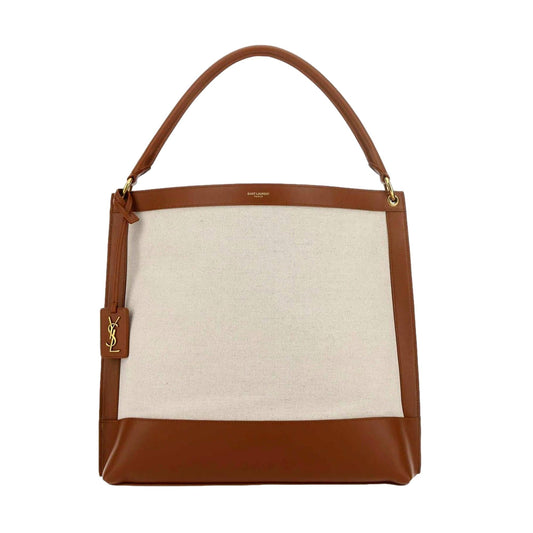 Saint Laurent Monogram Tag Canvas and Brown Leather Trim Hobo Bag
