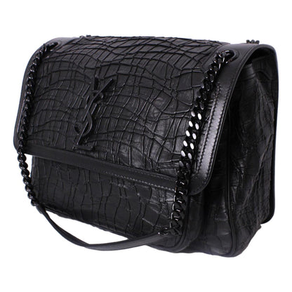 Saint Laurent Niki Medium Crocodile Embossed Leather Black Satchel Bag 498894