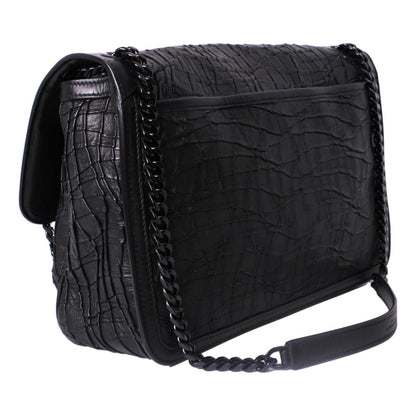 Saint Laurent Niki Medium Crocodile Embossed Leather Black Satchel Bag 498894