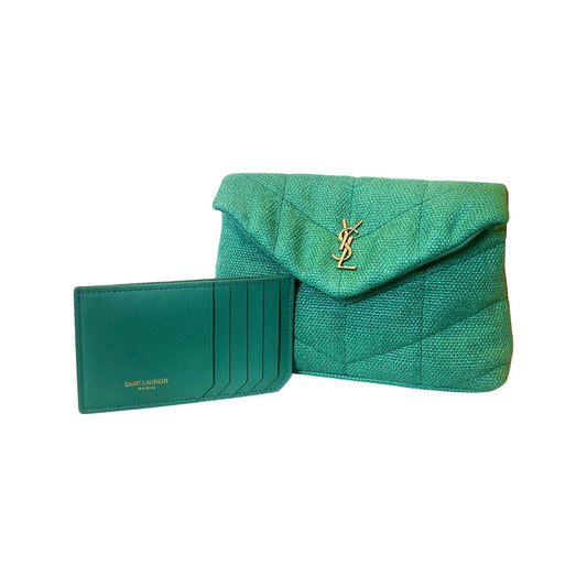 Saint Laurent Puffer Green Canvas Clutch and Card Holder