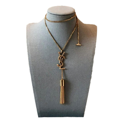 Saint Laurent Serpent Monogram Logo Tassel Gold Brass Chain Necklace