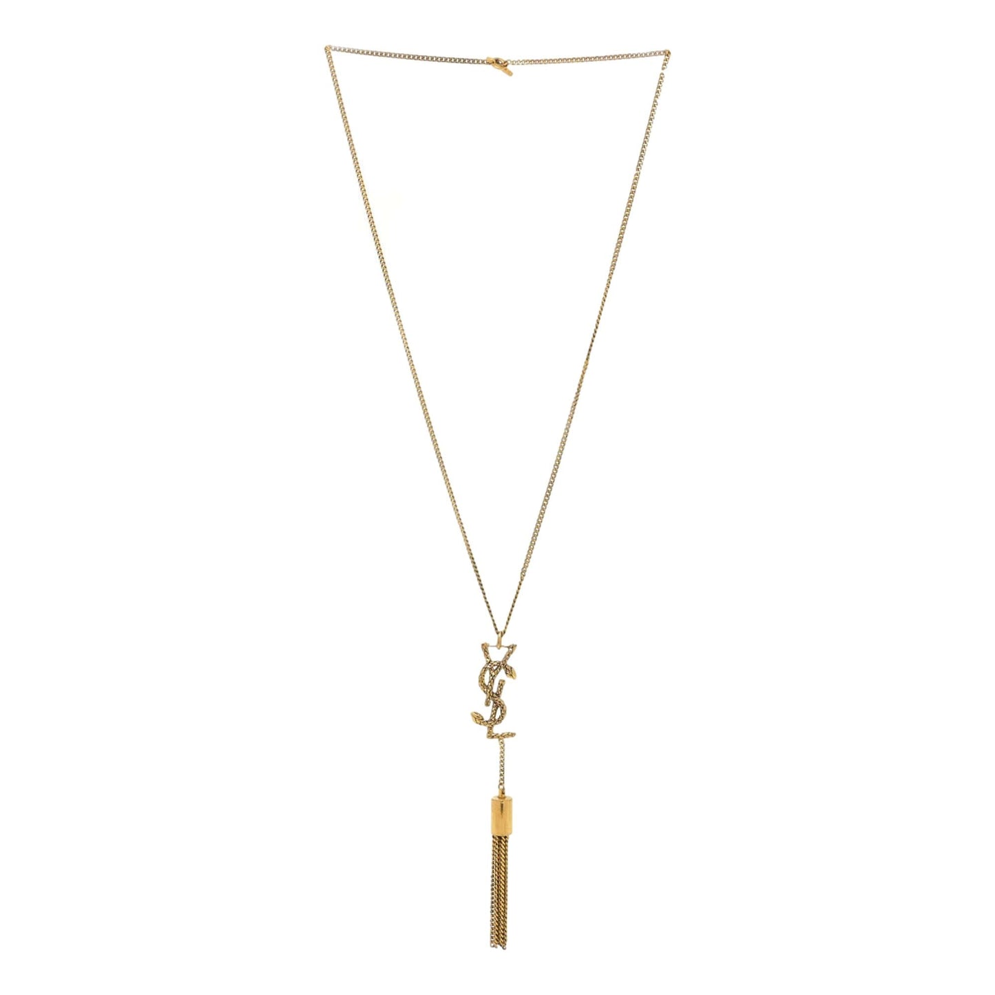 Saint Laurent Serpent Monogram Logo Tassel Gold Brass Chain Necklace