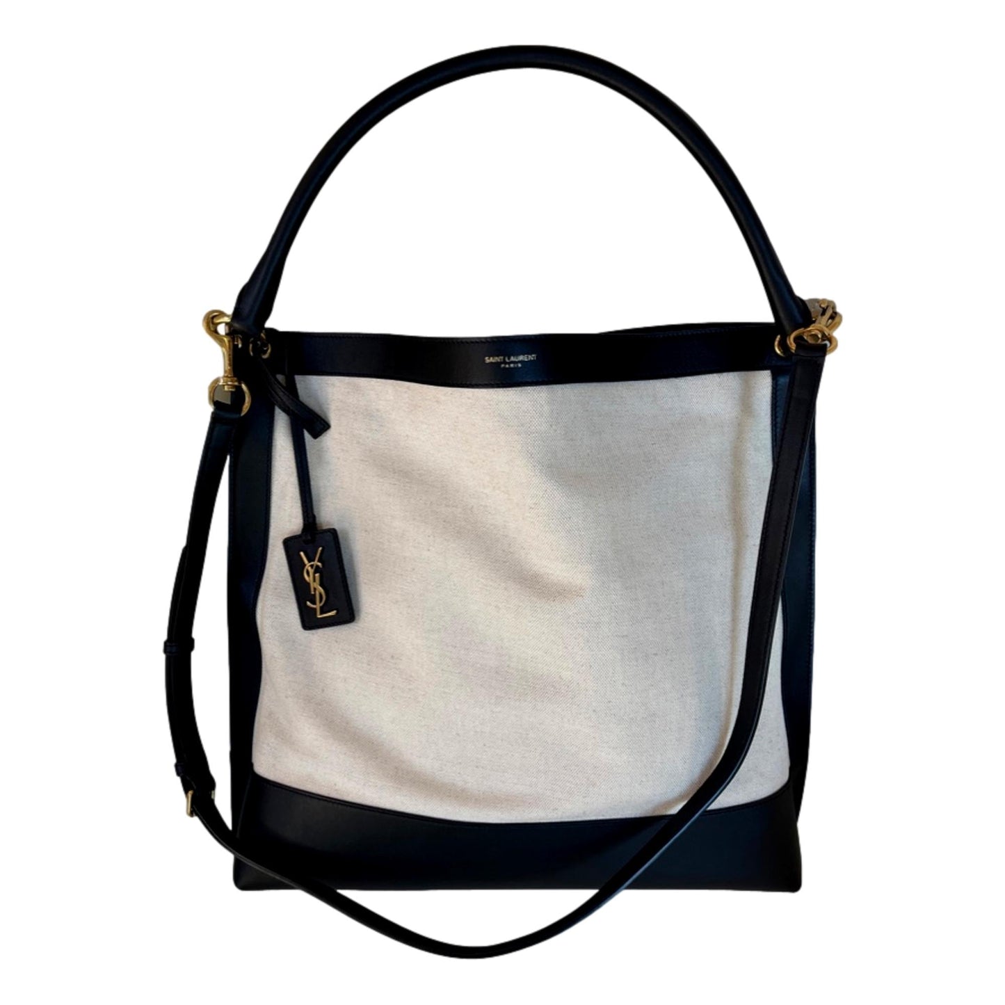 Saint Laurent Tag Canvas and Black Leather Hobo Bag
