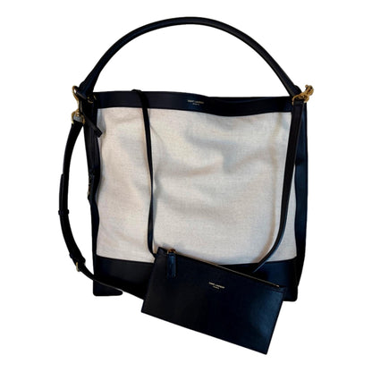 Saint Laurent Tag Canvas and Black Leather Hobo Bag