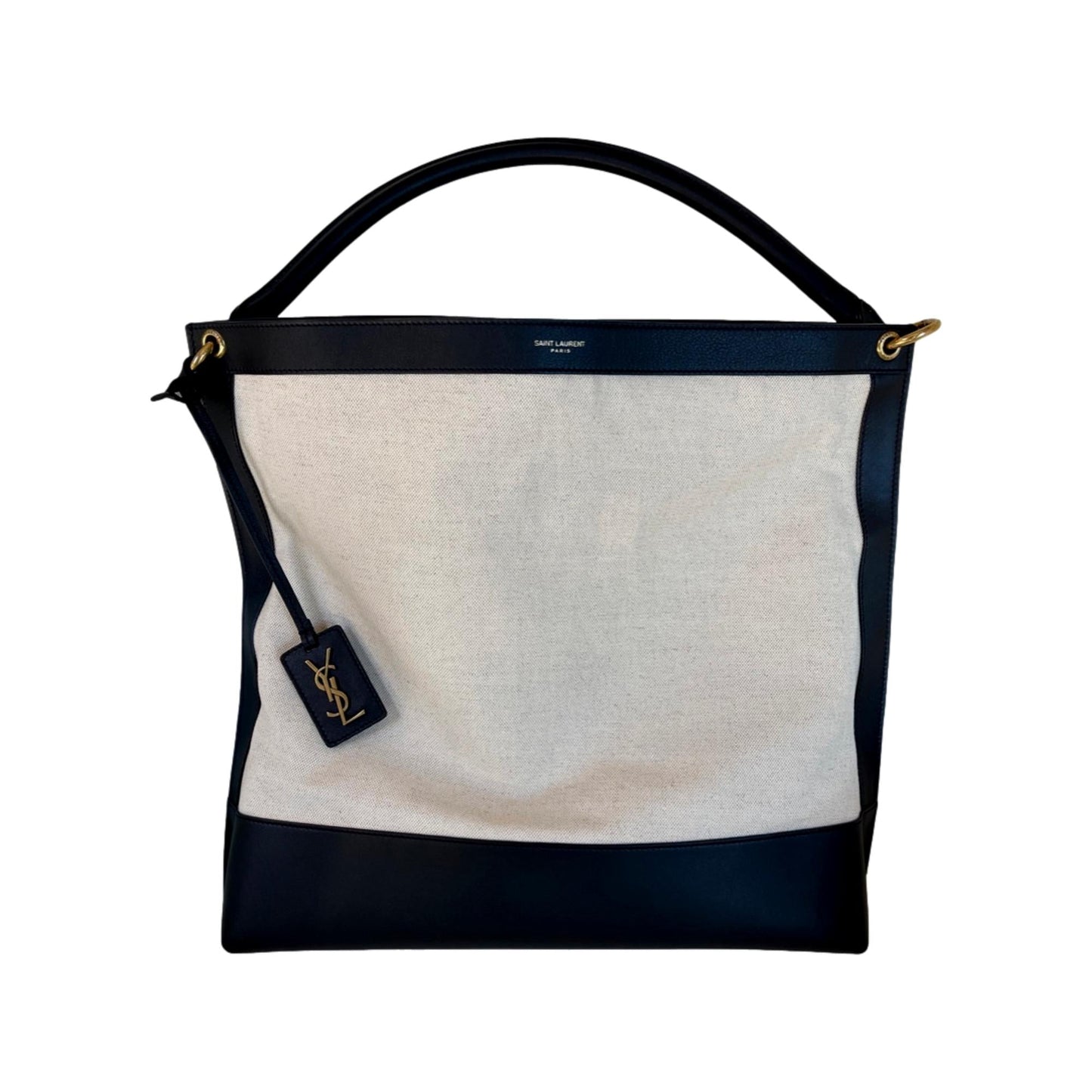 Saint Laurent Tag Canvas and Black Leather Hobo Bag