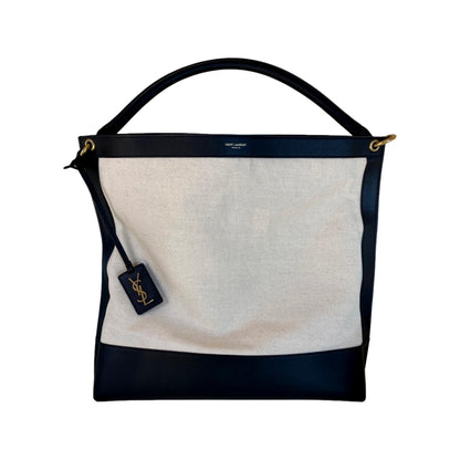 Saint Laurent Tag Canvas and Black Leather Hobo Bag