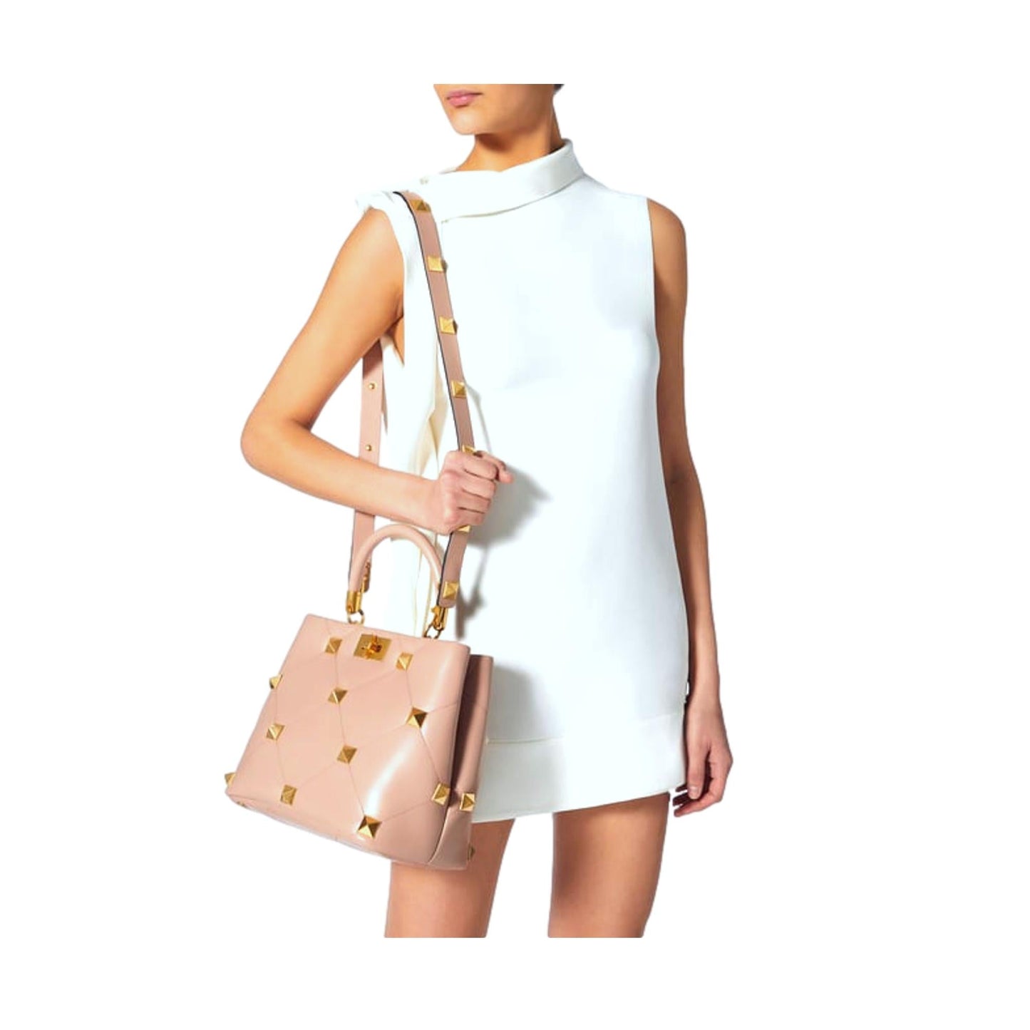 Valentino Garavani Roman Stud Nude Blush Leather Top Handle Crossbody Bag