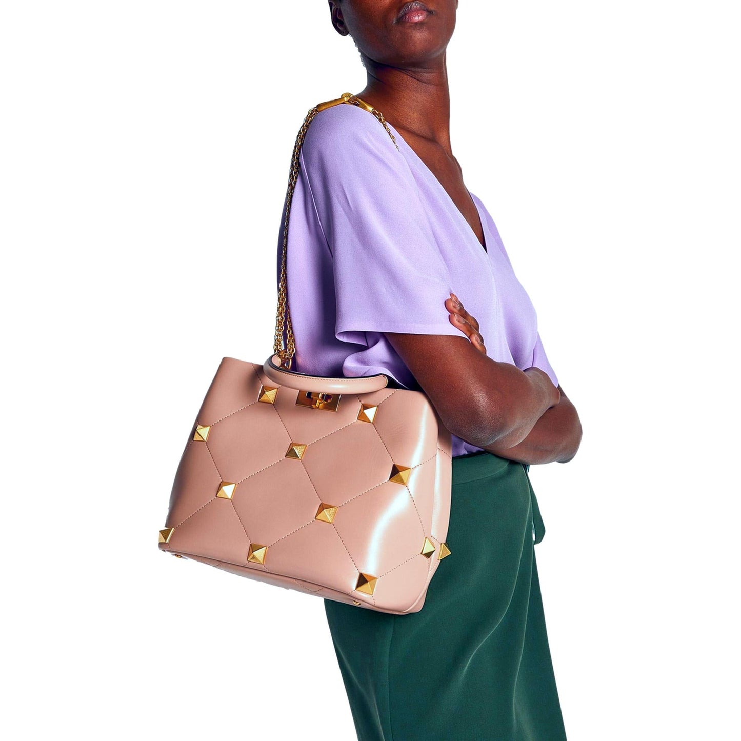 Valentino Garavani Roman Stud Nude Blush Leather Top Handle Crossbody Bag