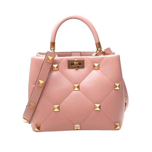Valentino Garavani Roman Stud Nude Blush Leather Top Handle Crossbody Bag