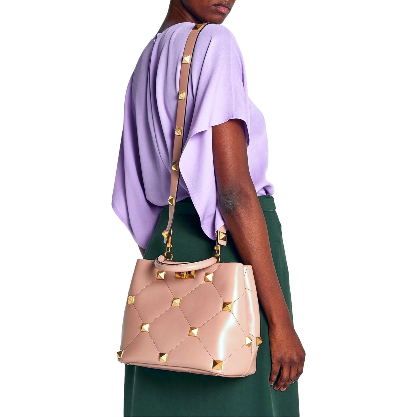 Valentino Garavani Roman Stud Nude Blush Leather Top Handle Crossbody Bag