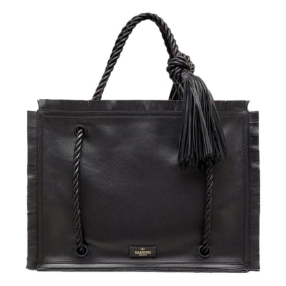 Valentino Garavani The Rope Large Fringe Black Leather Tote Bag