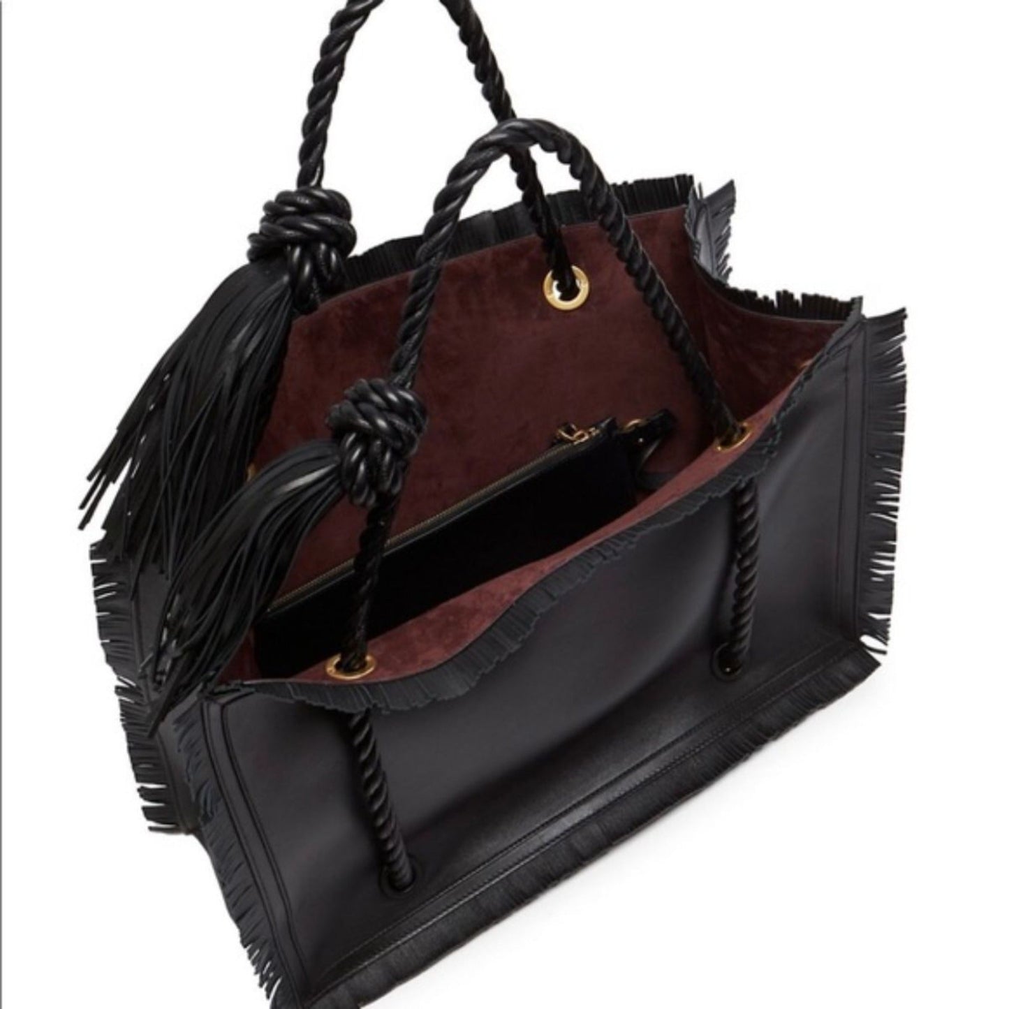 Valentino Garavani The Rope Large Fringe Black Leather Tote Bag