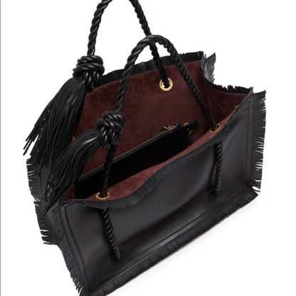 Valentino Garavani The Rope Large Fringe Black Leather Tote Bag