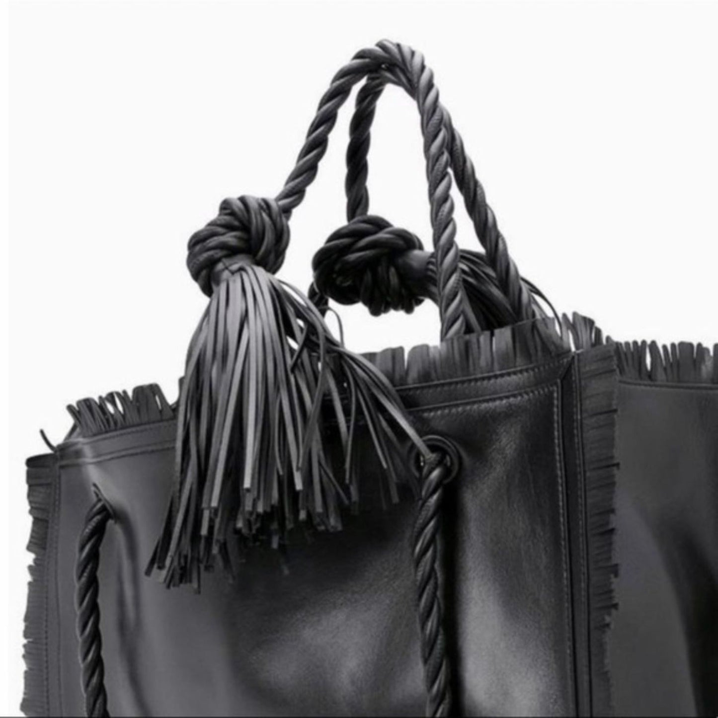 Valentino Garavani The Rope Large Fringe Black Leather Tote Bag
