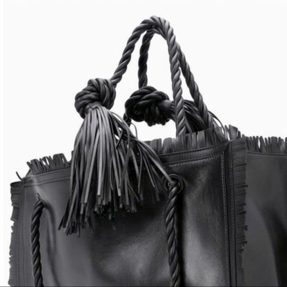 Valentino Garavani The Rope Large Fringe Black Leather Tote Bag