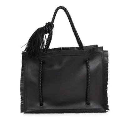 Valentino Garavani The Rope Large Fringe Black Leather Tote Bag