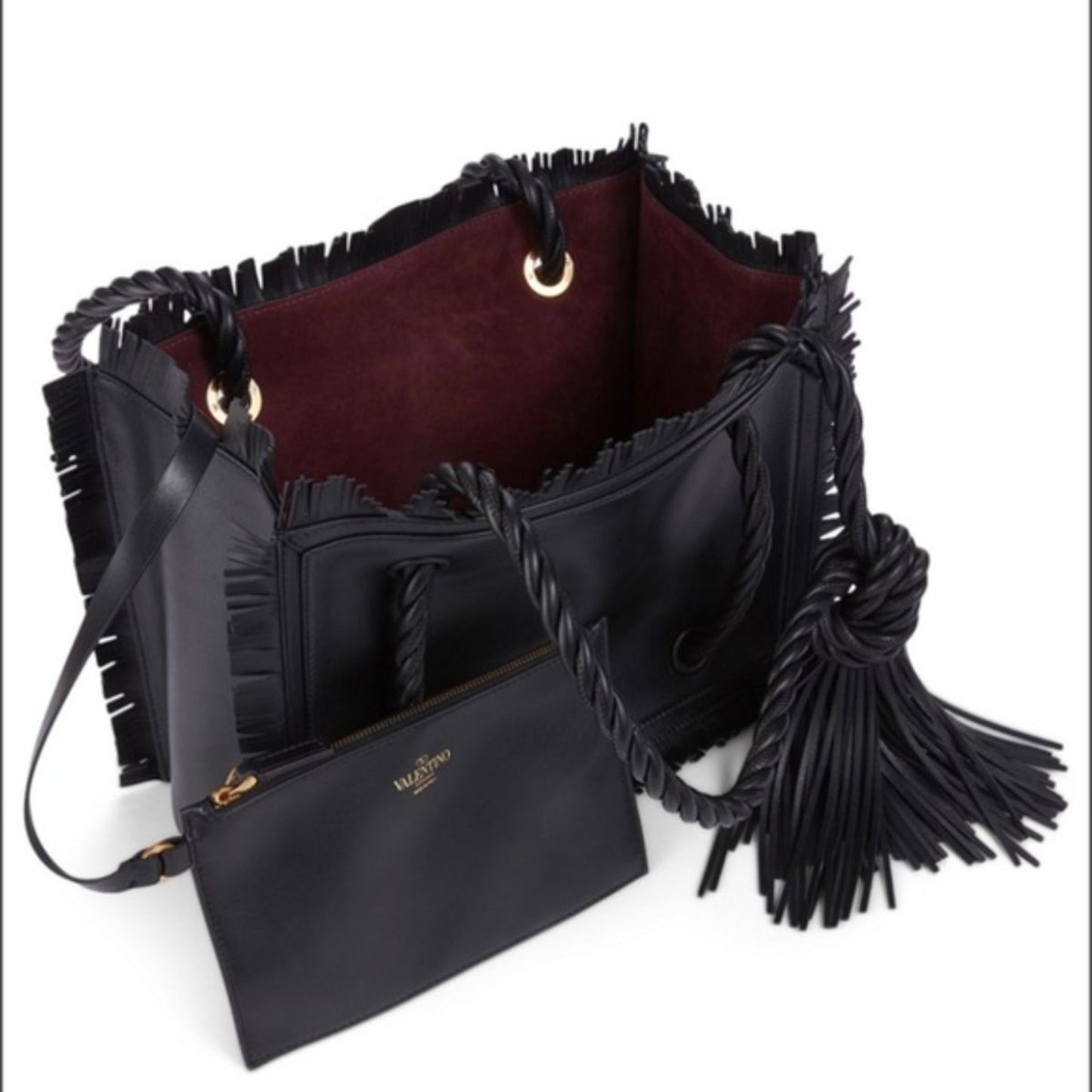 Valentino Garavani The Rope Large Fringe Black Leather Tote Bag